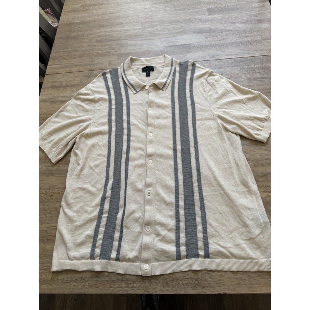 Magaschoni Man Sweater Button Down Lightweight Cabana Linen Striped XL